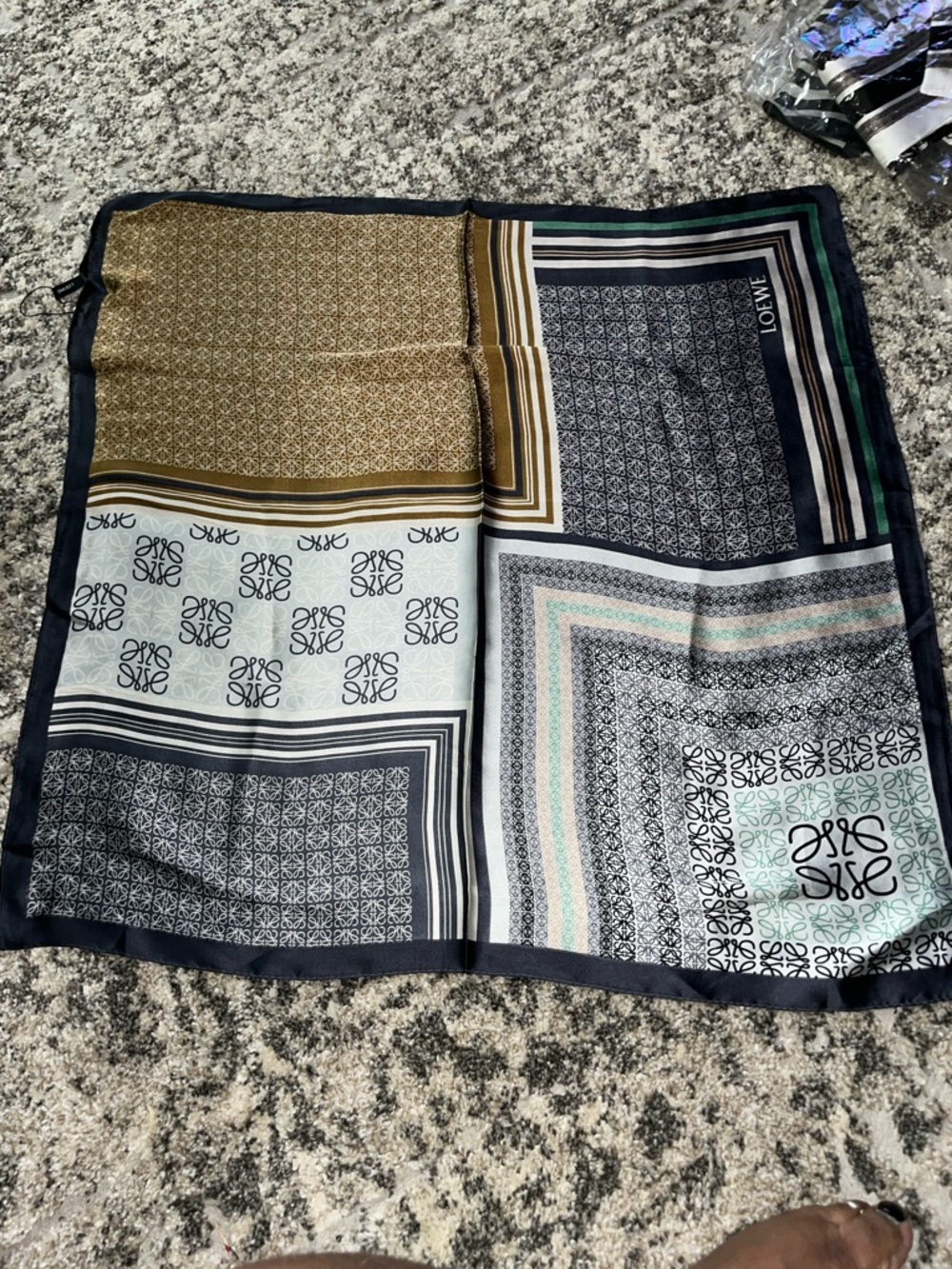 Loewe Patchwork Logo Silk Scarf in Navy, Olive & Cream